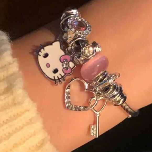 Hello Kitty Charm Pendant Silver & Pink Tone Bangle Bracelet - Picture 4 of 5